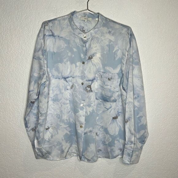 NWT Vince Painted Magnolia Band Collar Blouse -POWDER BLUE Satin Large - Picture 2 of 13